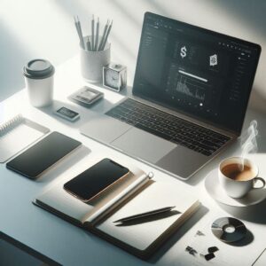 Modern minimalist workspace with laptop, smartphone, notebook, and coffee cup arranged neatly on a bright desk
