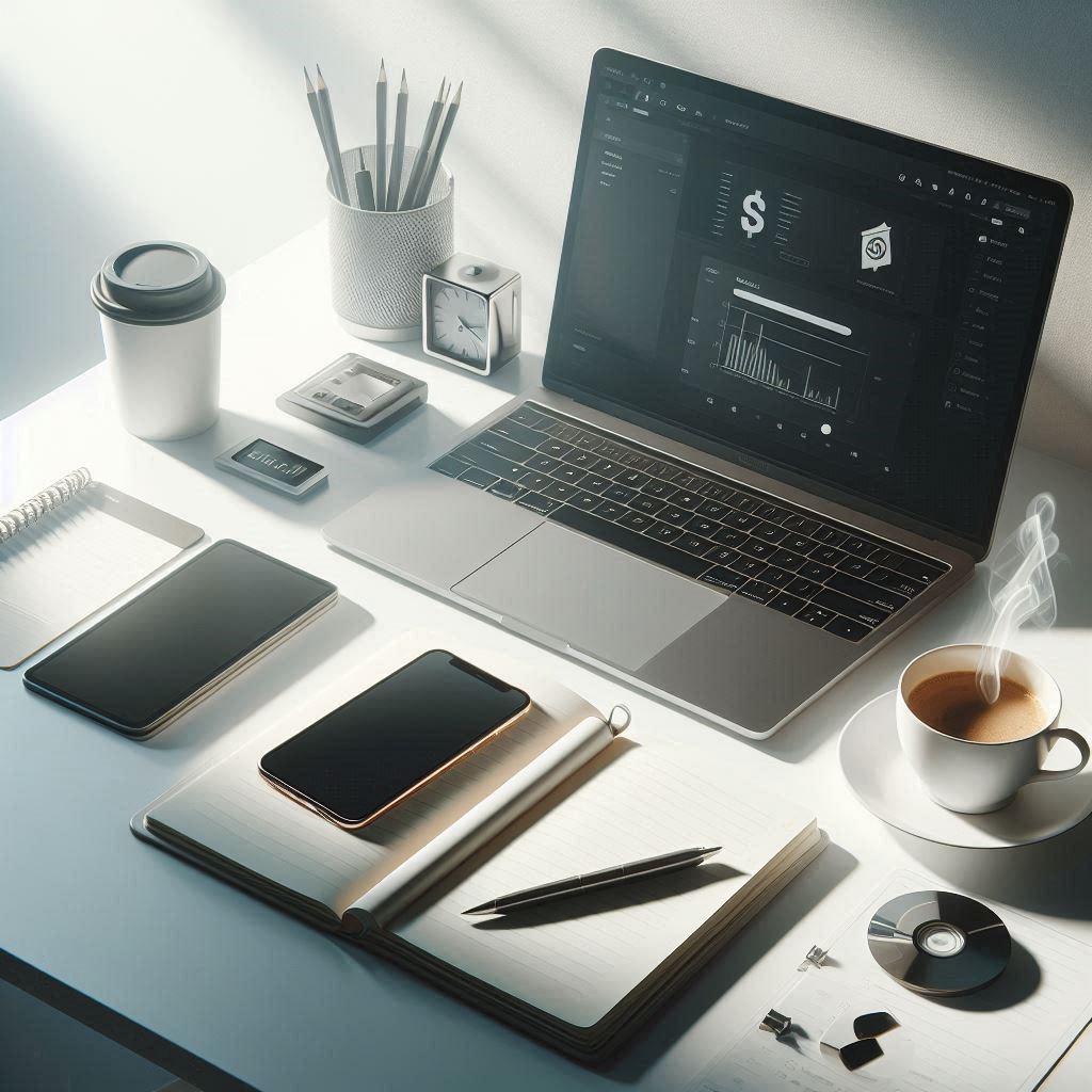 Modern minimalist workspace with laptop, smartphone, notebook, and coffee cup arranged neatly on a bright desk