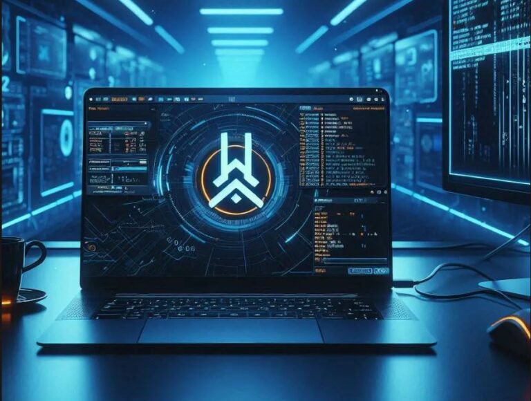 Laptop displaying a VirtualBox window during a Linux installation on a modern cyber-themed workspace, used for a step-by-step Kali Linux setup tutoria