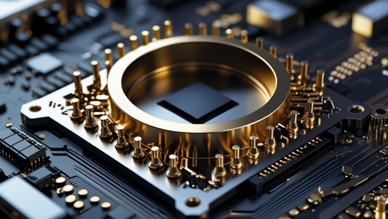 
“Close-up of a CPU socket on a motherboard with gold pins and electronic components.”

