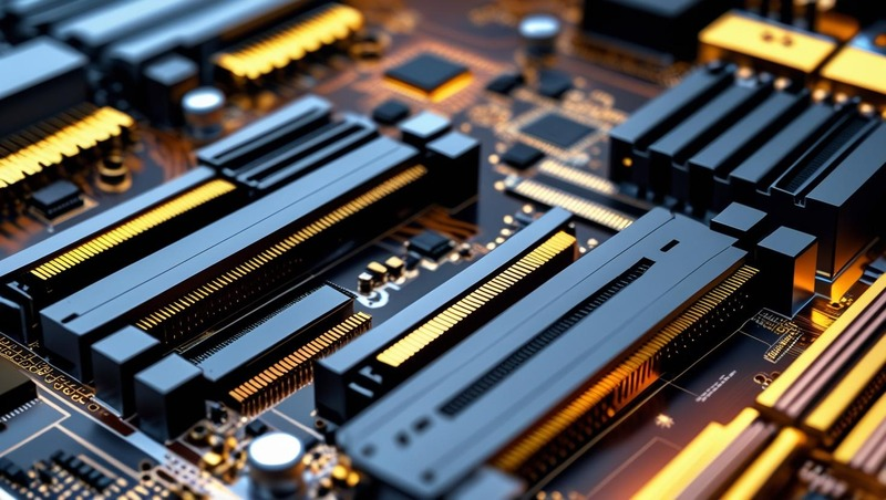 
“Motherboard RAM slots shown in detail, highlighting connectors for memory sticks.”
