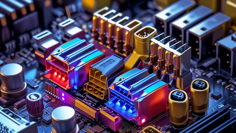 Colorful power connectors on a motherboard delivering electricity to computer components