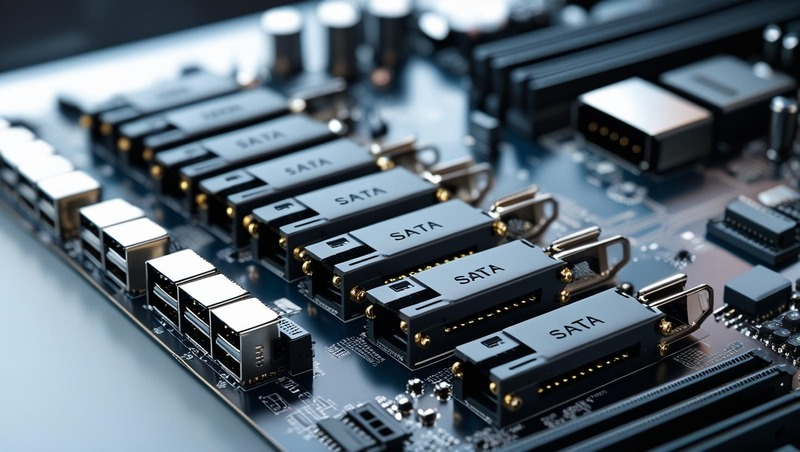 Motherboard SATA ports for connecting hard drives and SSDs, labeled with SATA markings