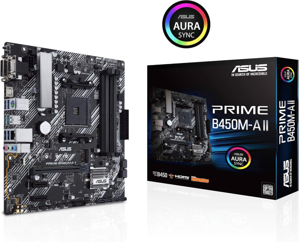 ASUS Prime B450M-A II AMD AM4 motherboard with Aura Sync box