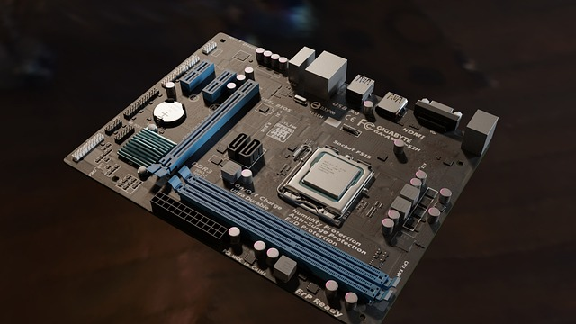 Close-up view of a computer motherboard showing circuits, slots, and electronic components