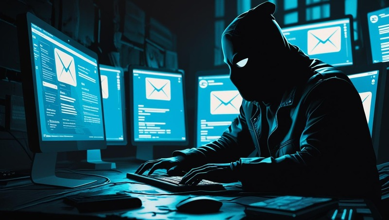 Hacker sending phishing emails from a dark room