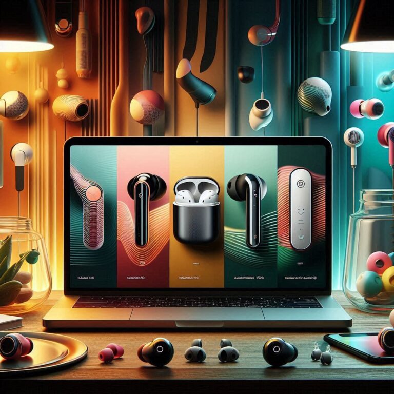 Colorful display of wireless earbuds under €100 arranged on a modern tech-themed background.