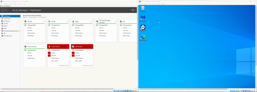 Windows Server (DC1) and Windows 10 (PC1) virtual machines connected inside VirtualBox internal network – ZumuniTech lab setup.