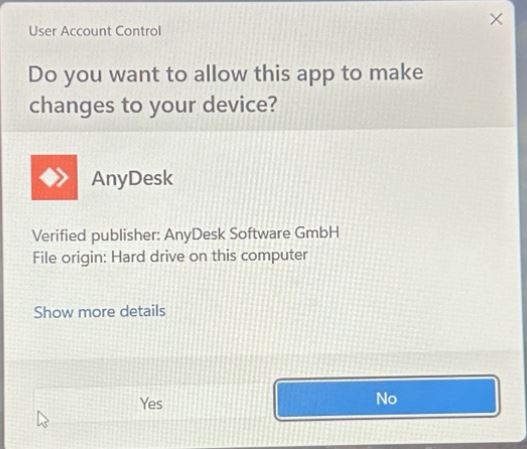 Windows security prompt asking to allow AnyDesk installation on Windows 11