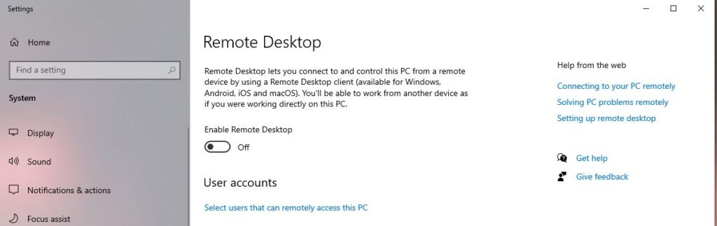Remote Desktop settings page before enabling RDP