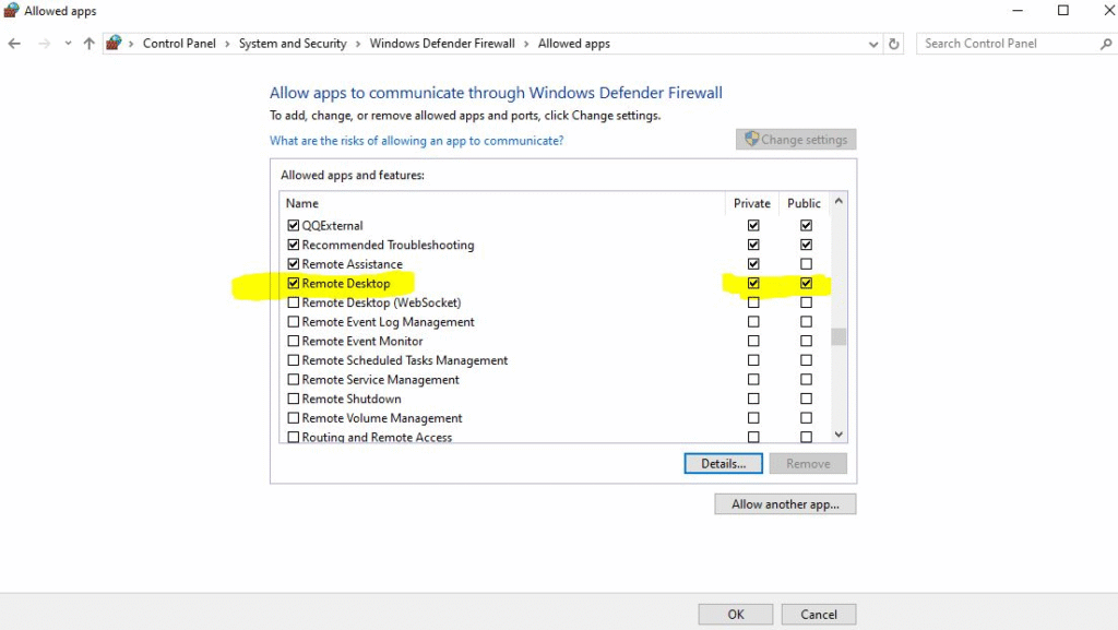 Windows Firewall allowed apps list with Remote Desktop enabled