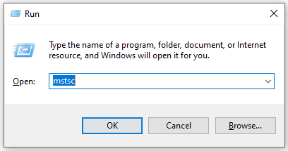 Windows Run dialog with mstsc typed to open Remote Desktop Connection