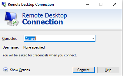 Remote Desktop Connection window with computer name Zumuni entered
