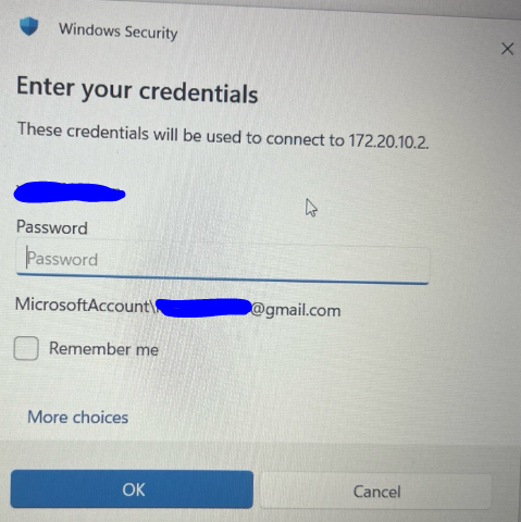 Windows Security prompt asking for remote desktop username and password