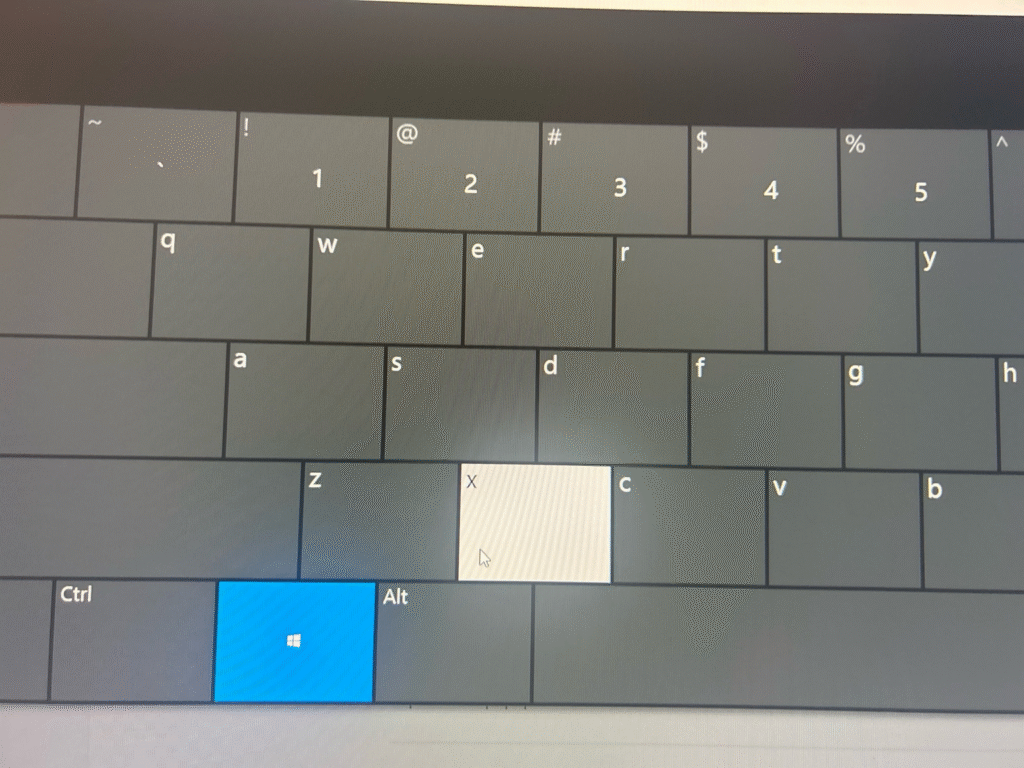 Windows on-screen keyboard showing Windows + X shortcut