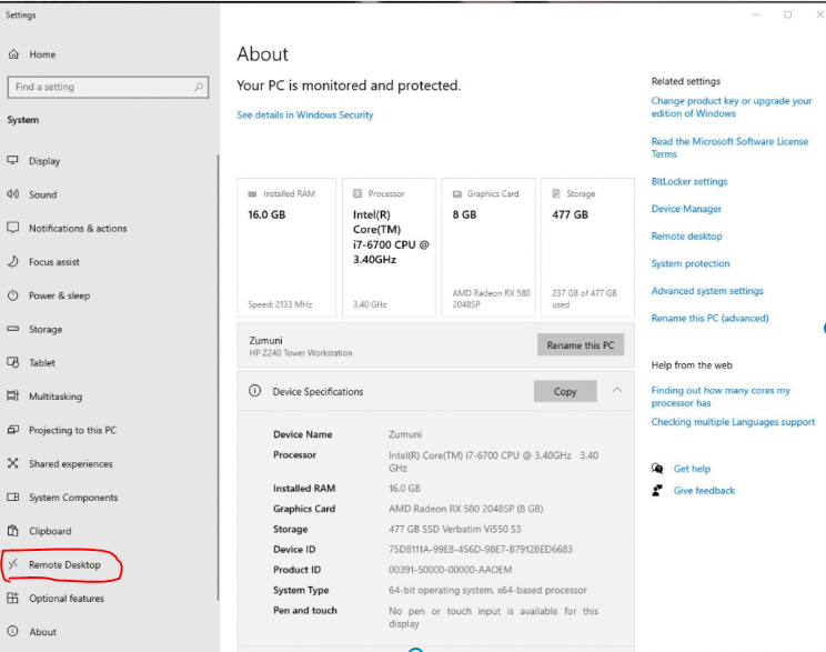 “Windows 10 System settings page opened from Start menu