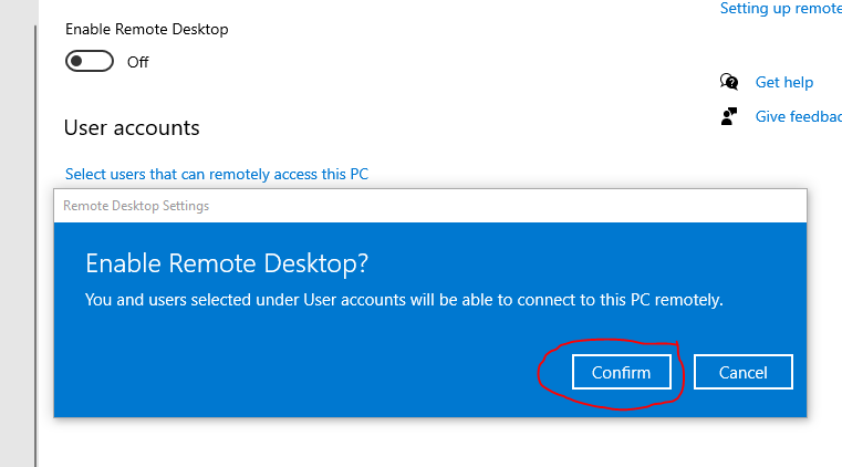 Windows confirmation window asking to enable Remote Desktop