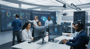 Modern IT support professional working at a desk with multiple monitors, futuristic