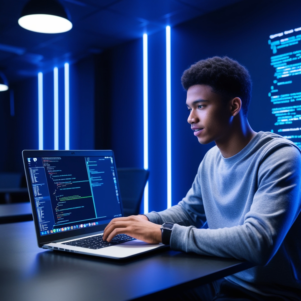 Young IT student working on a laptop with cyber network screens – ZumuniTech training