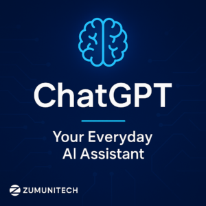 ChatGPT AI assistant cover image with blue neon design and ZumuniTech branding