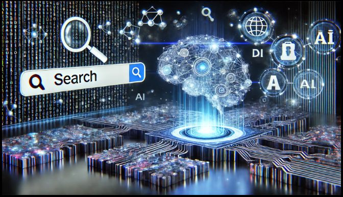 Futuristic digital brain with search bar and AI icons representing Perplexity AI search