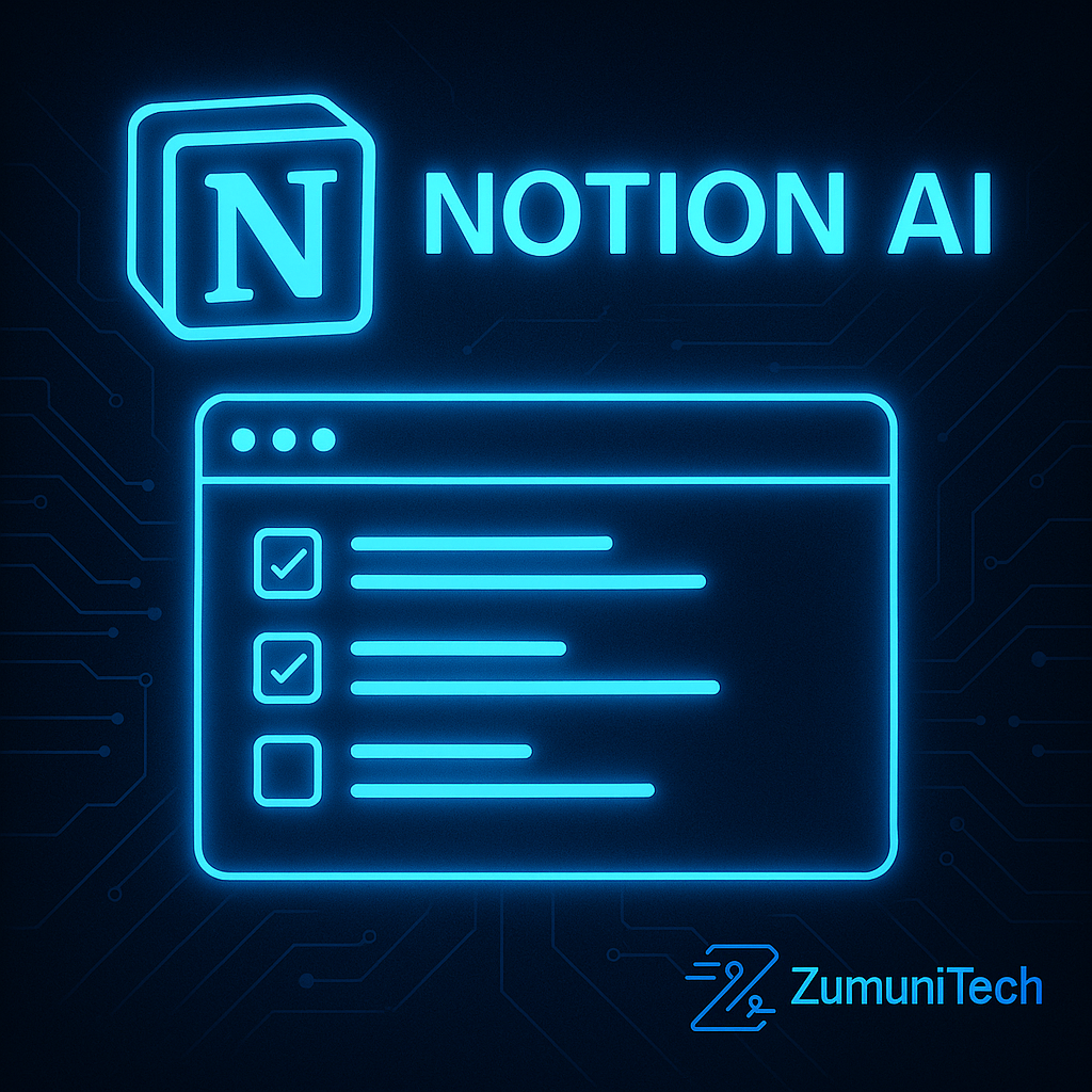 Organized futuristic workspace with blue digital elements symbolizing Notion AI productivity tools