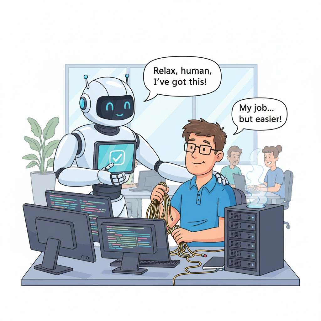 Cartoon illustration showing an AI robot assisting a human IT support technician in a humorous office setting